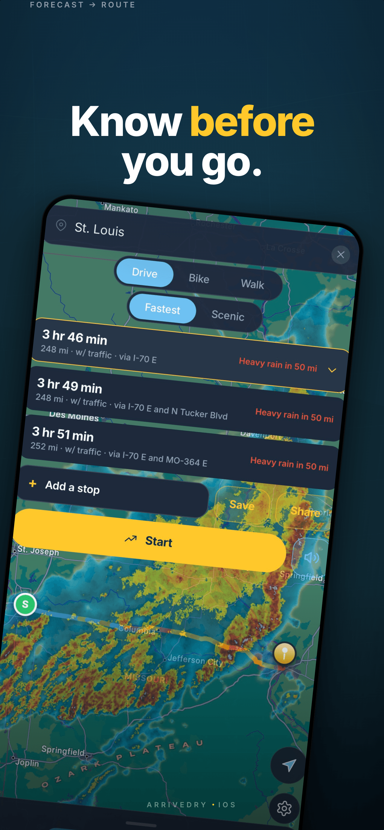 Forecast along route with live radar overlay